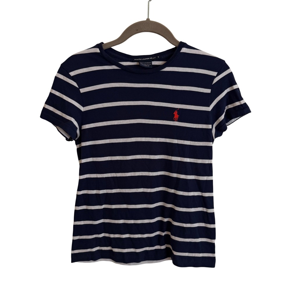 Ralph Lauren Sport Womens Navy Blue White Striped Pima Cotton T-Shirt Small